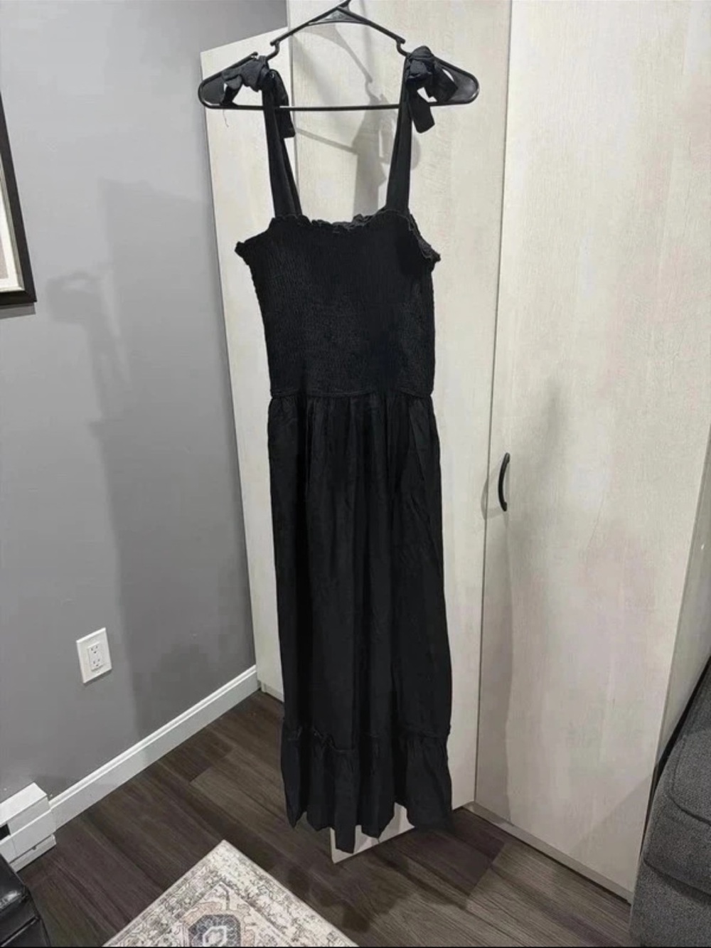 Smocked Tie-Shoulder Black Maxi Dress